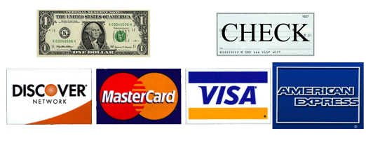 we accept cash, check, Disocer cards, MasterCard, Visa, and American Express as payment methods